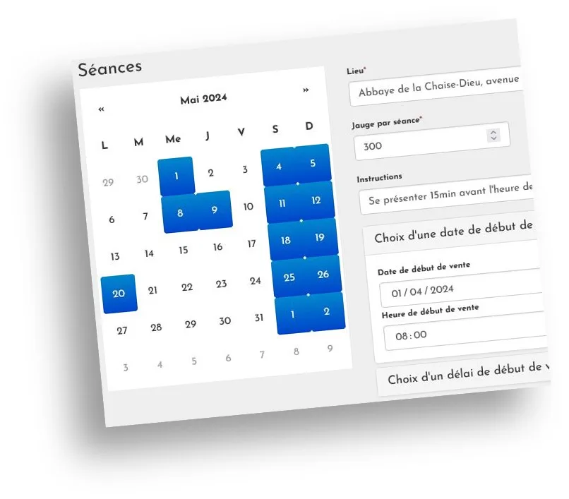Gestion tous type de billets ,  des séances, Groupes et Scolaires